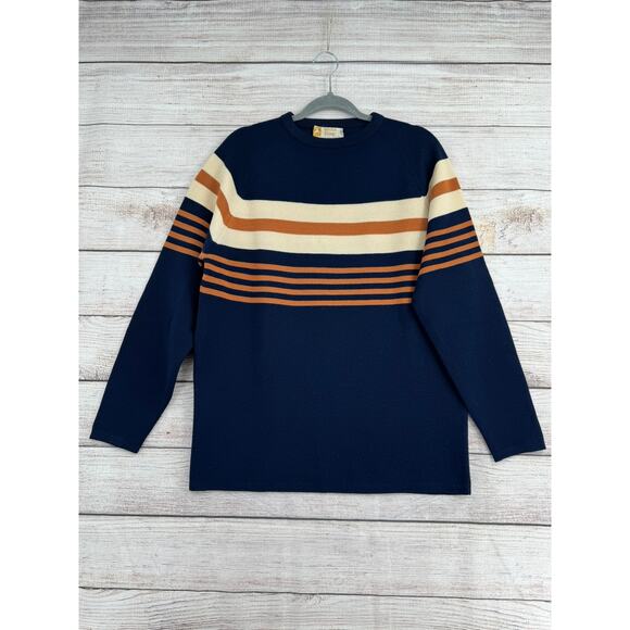 Vintage 70's White Stag Striped Crewneck Sweater Mens XL Navy Blue Cream Brown - Picture 1 of 6